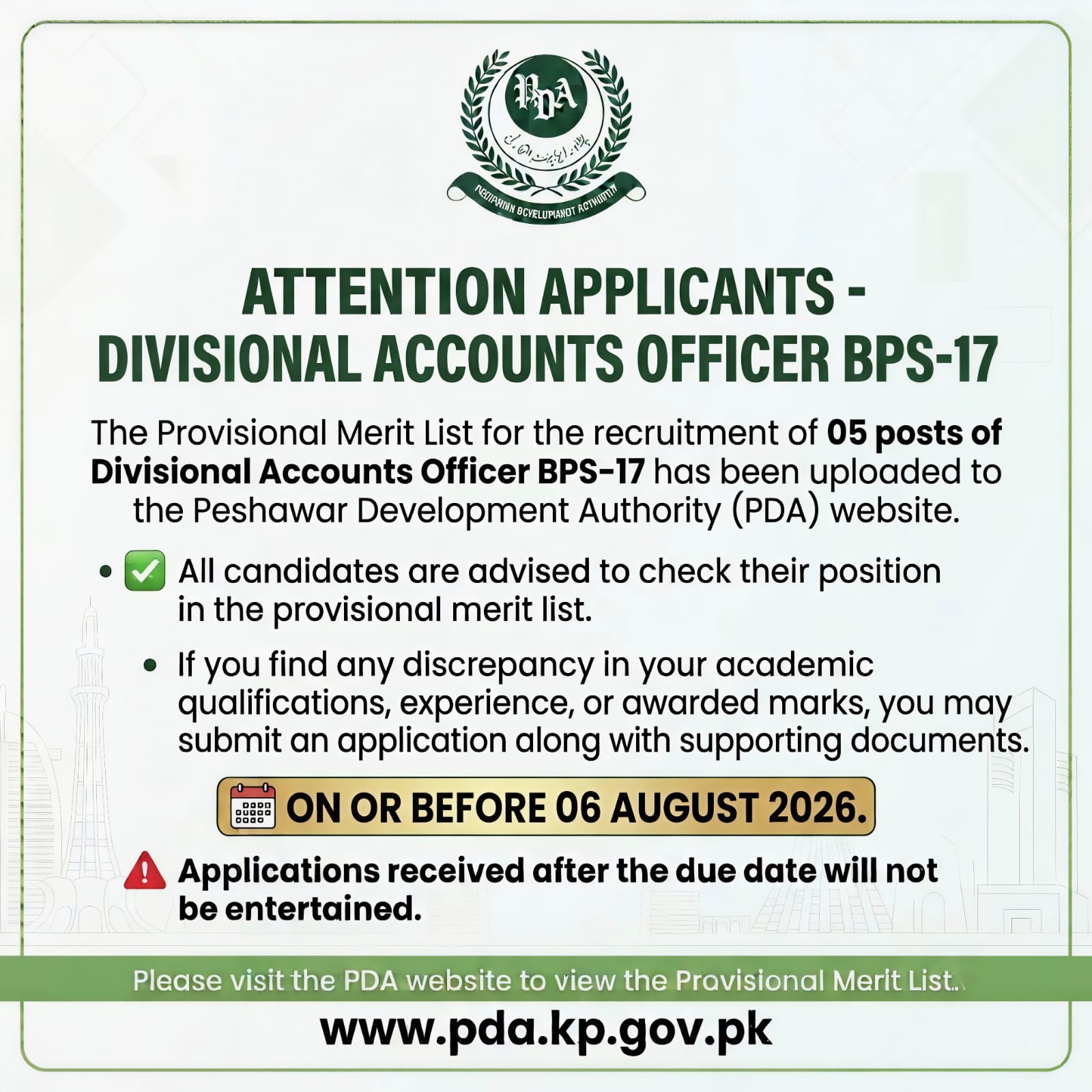 Attention Applicants - Divisional Accounts Officer BPS-17 Provisional Merit List. Deadline on or before 06 August 2026.