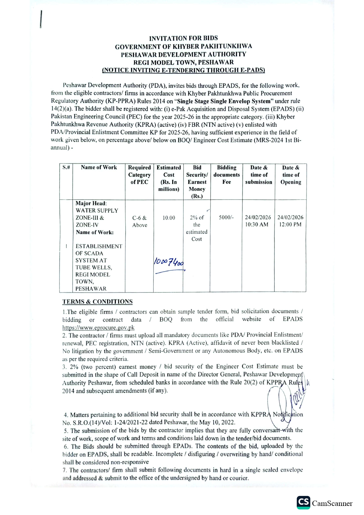 Notice Inviting Tender on EPADS 